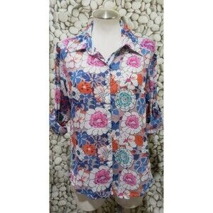 Cotton Daisy Floral Sheer Button Roll Tab Sleeve White Blue Pink Top Size Medium